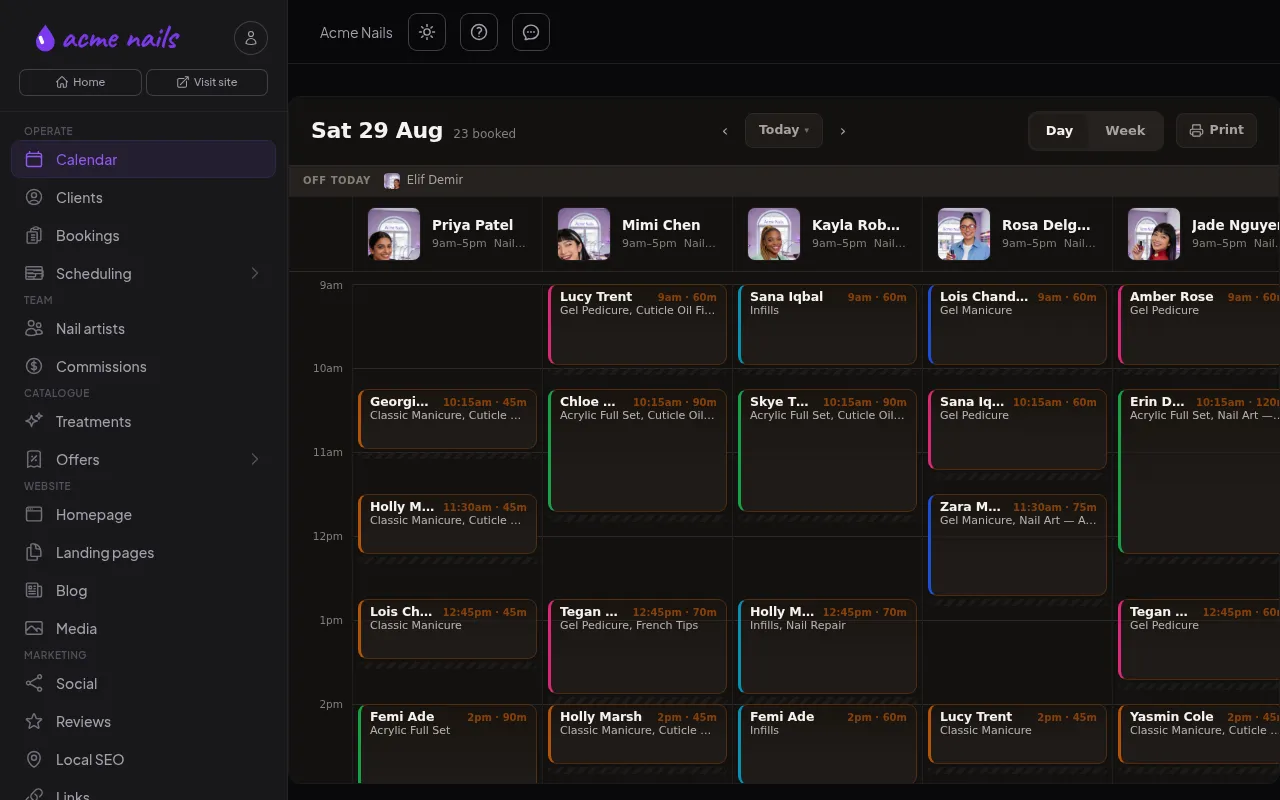 The BookFlow calendar screen: a day board of six nail artists with bookings colour-coded by treatment.