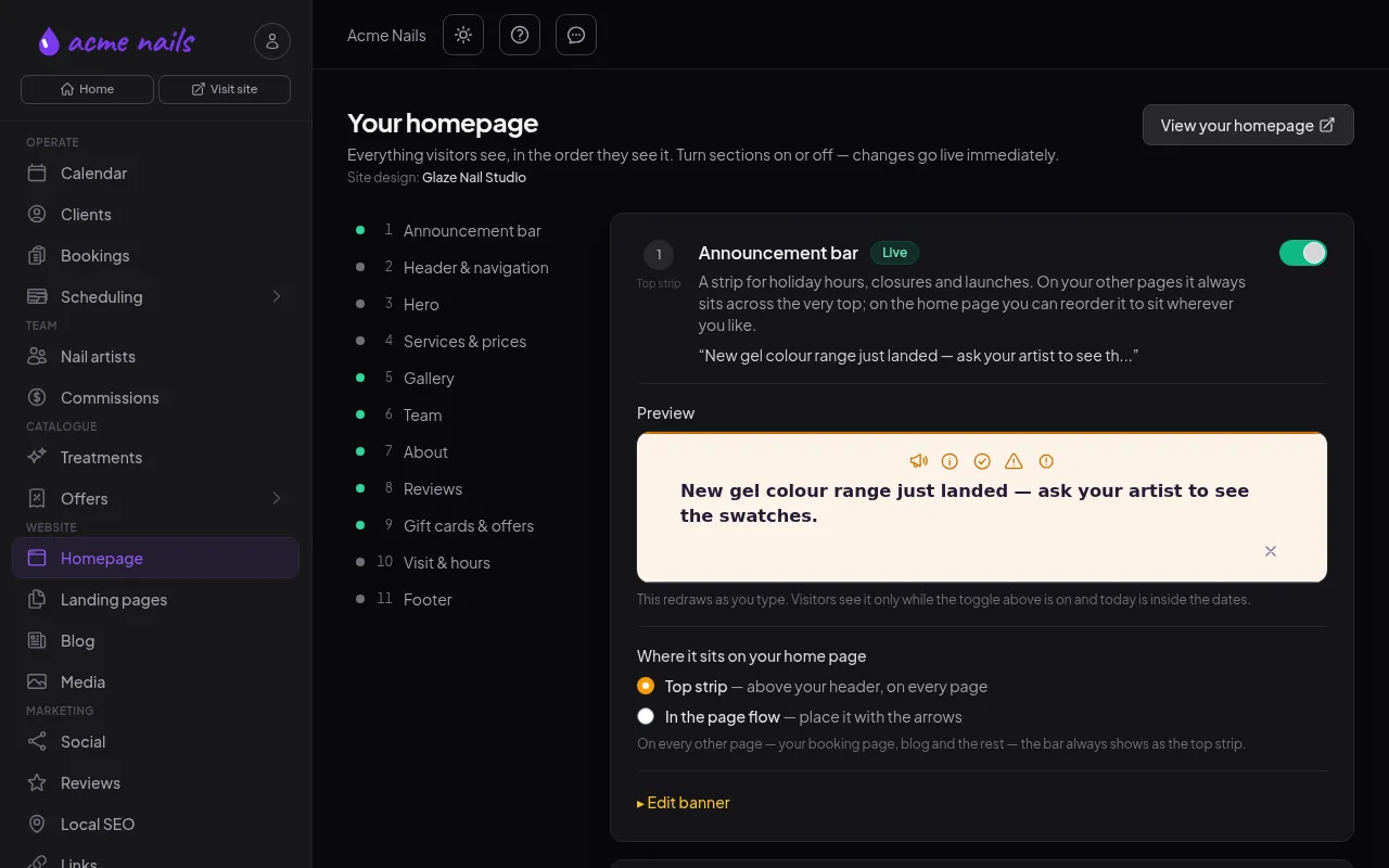 The BookFlow homepage editor screen: a numbered list of homepage sections beside a live preview of the announcement bar.
